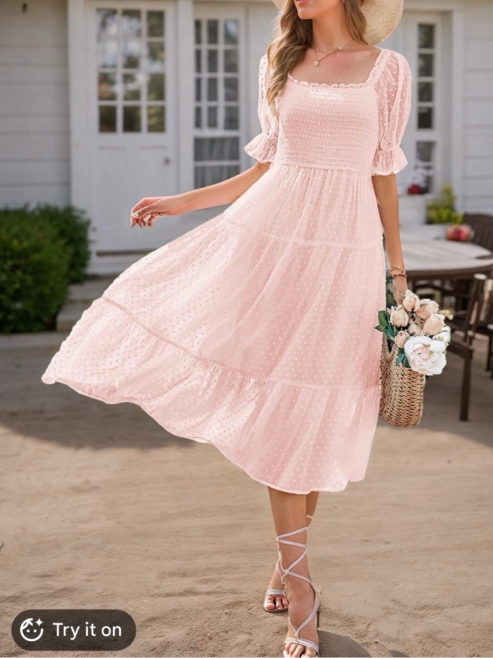 Smocked Pink Midi Dress with Puff Sleeves